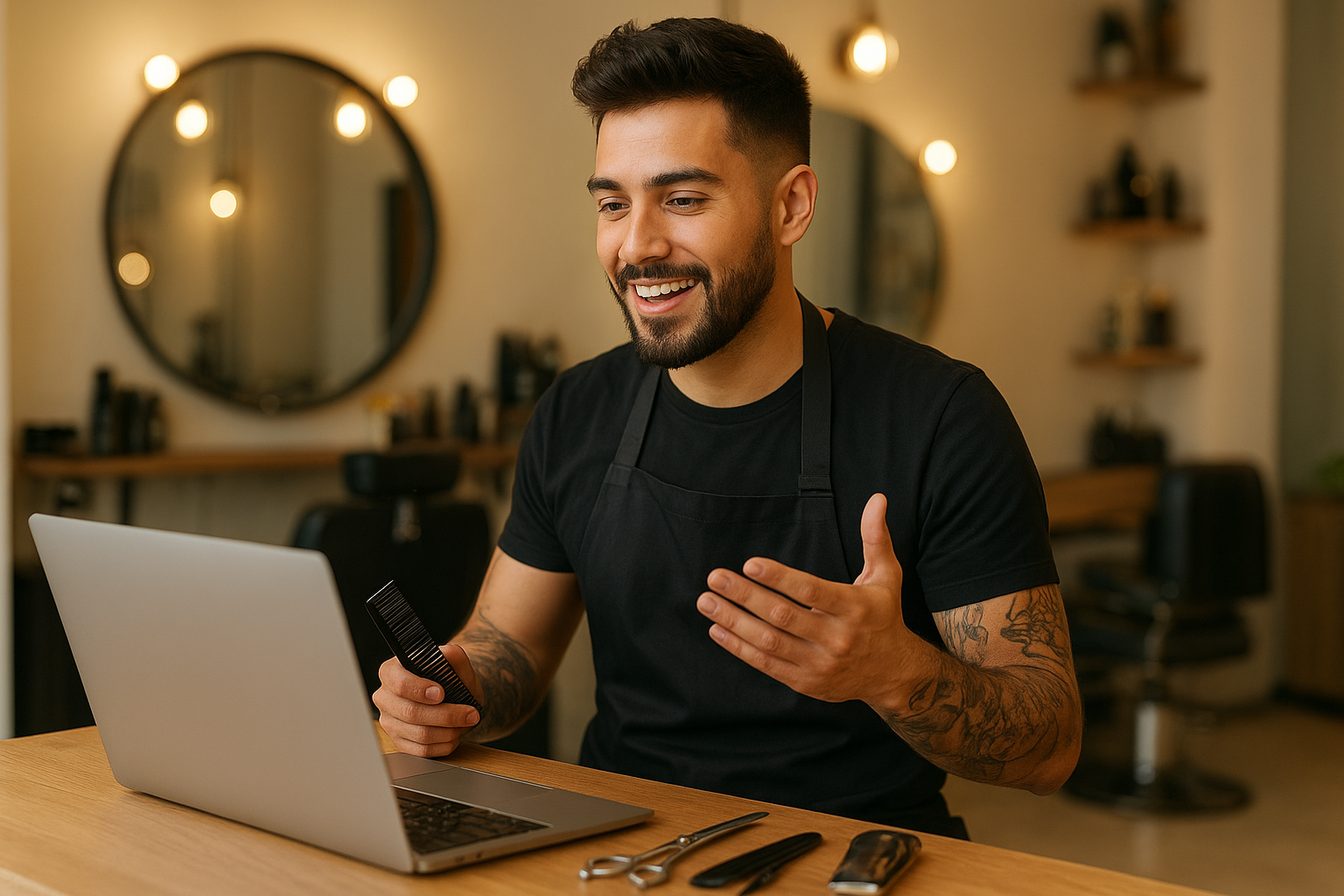 hombre barbero grabando un curso